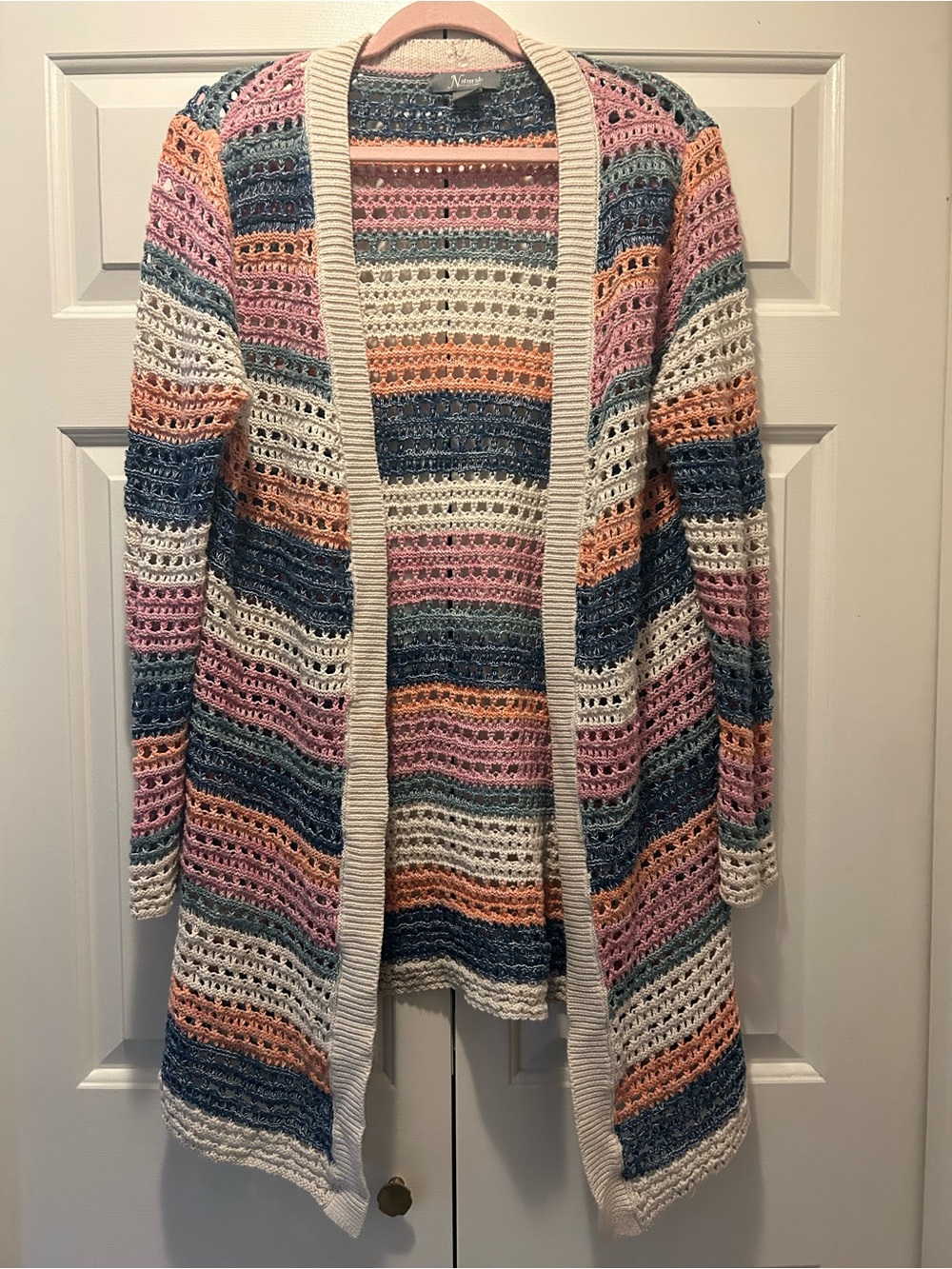 Natural Reflections Striped Crochet Cardigan Cotton Long Pink Blue Cream Size L